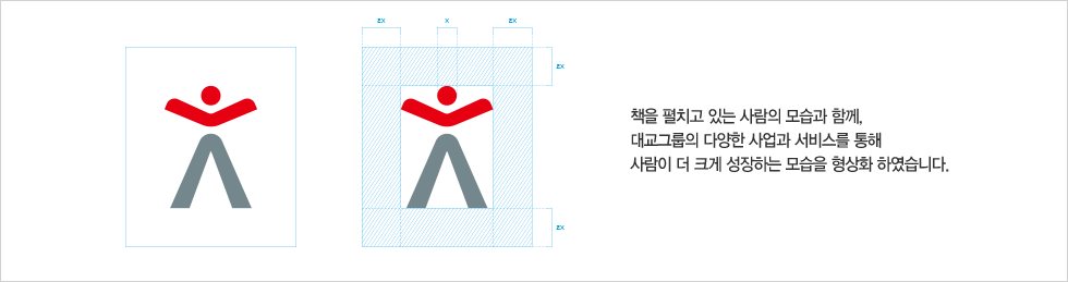 대교의 심볼은 교육을 기반으로 대교 그룹의 다양한 사업과 서비스를 통해 사람이 더 크게 성장하고 자라는 모습을 형상화하였으며, 책을 펼치고 있는 사람의 모습도 연상하게 하여 교육기업을 시작으로 더 크게 성장하는 대교의 비전을 함께 표현합니다.