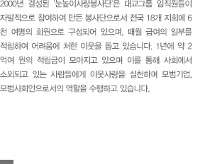 2000년 결성된 '눈높이사랑봉사단'은 대교그룹 임직원들이 자발적으로 참여하여 만든 봉사단으로서 전국 18개 지회에 6천 여명의 회원으로 구성되어 있으며, 매월 급여의 일부를 적립하여 어려움에 처한 이웃을 돕고 있습니다. 1년에 약 2억 여원의 적립금이 모아지고 있으며 이를 통해 사회에서 소외되고 있는 사람들에게 이웃사랑을 실천하며 모범기업, 모범사회인으로서의 역할을 수행하고 있습니다.